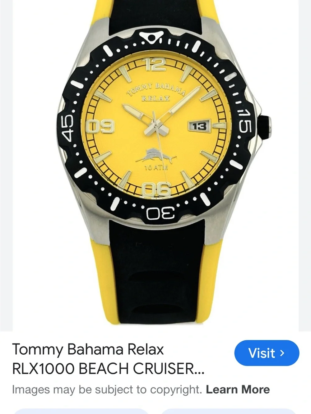 Tommy Bahama Yellow Dial Stainless Sport Watch with Black/Yellow Strap